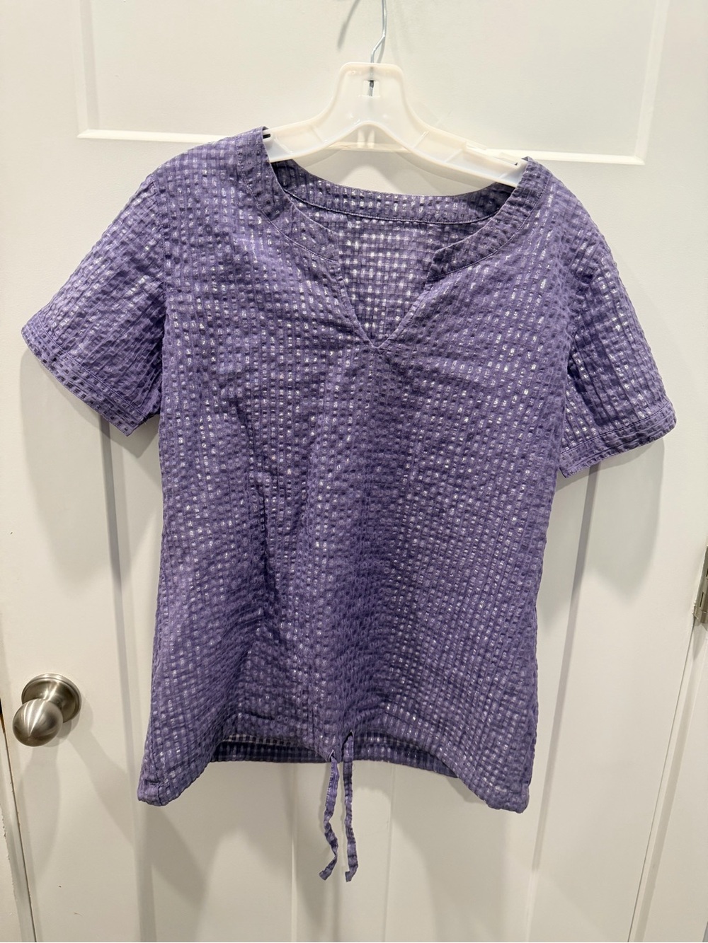 Purple Medium Textured V Neck Drawstring Hem Short Sleeve Blouse